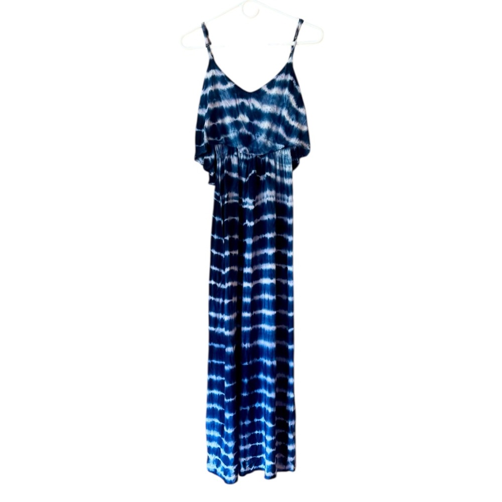 Blue Tie Dye Maxi Dress Boho Shibori Print Smocked Waist Sun Dress S/M
